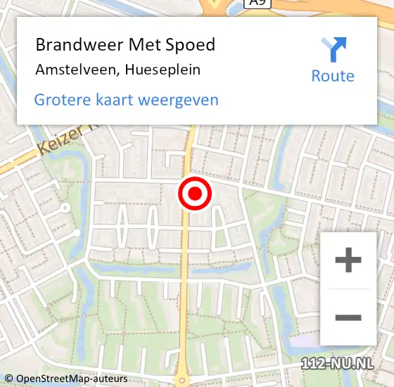 Locatie op kaart van de 112 melding: Brandweer Met Spoed Naar Amstelveen, Hueseplein op 13 juli 2018 08:13