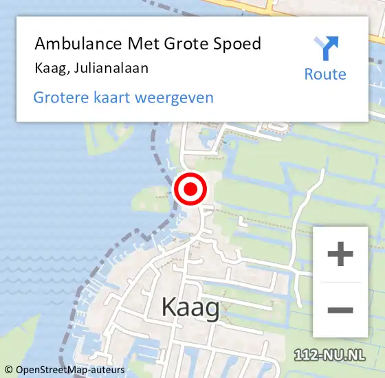 Locatie op kaart van de 112 melding: Ambulance Met Grote Spoed Naar Kaag, Julianalaan op 13 juli 2018 22:53