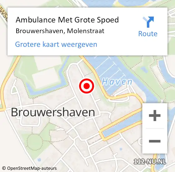 Locatie op kaart van de 112 melding: Ambulance Met Grote Spoed Naar Brouwershaven, Molenstraat op 15 juli 2018 04:08