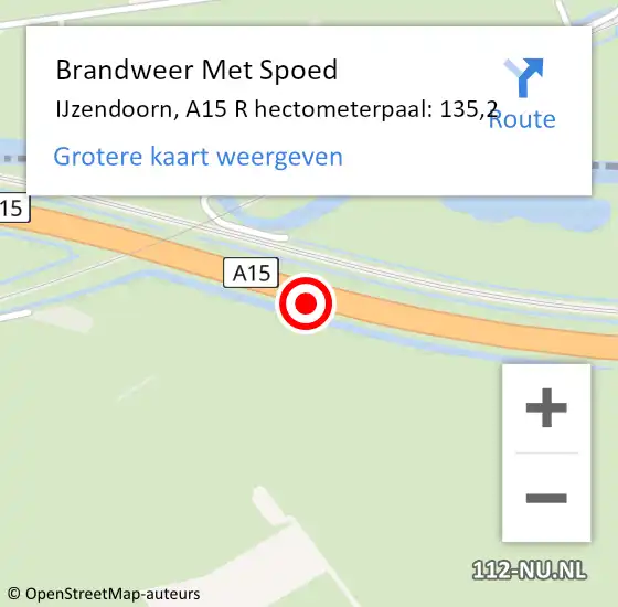 Locatie op kaart van de 112 melding: Brandweer Met Spoed Naar IJzendoorn, A15 R hectometerpaal: 135,2 op 15 juli 2018 10:32