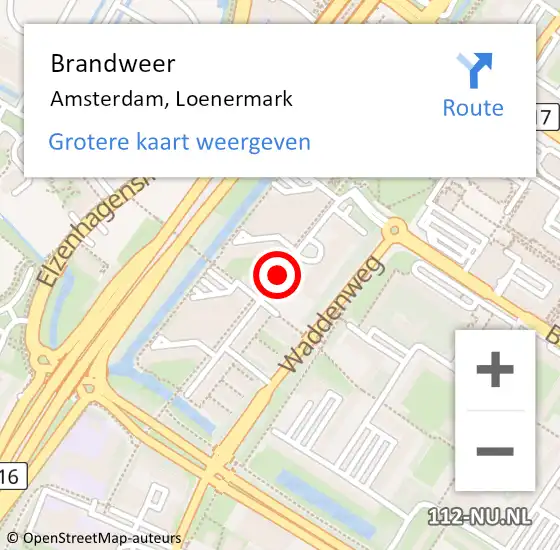 Locatie op kaart van de 112 melding: Brandweer Amsterdam, Loenermark op 15 juli 2018 19:41
