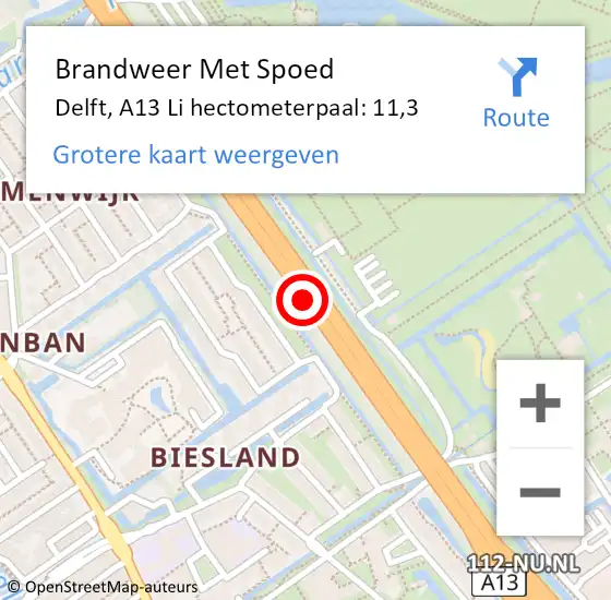 Locatie op kaart van de 112 melding: Brandweer Met Spoed Naar Delft, A13 Re hectometerpaal: 8,0 op 16 juli 2018 09:34