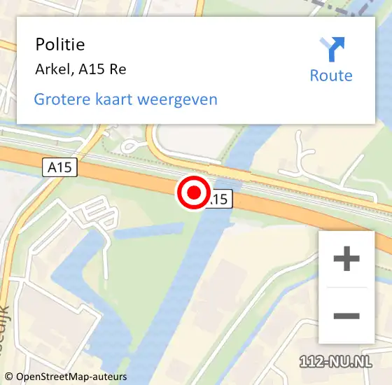 Locatie op kaart van de 112 melding: Politie Arkel, A15 Re op 16 juli 2018 10:53
