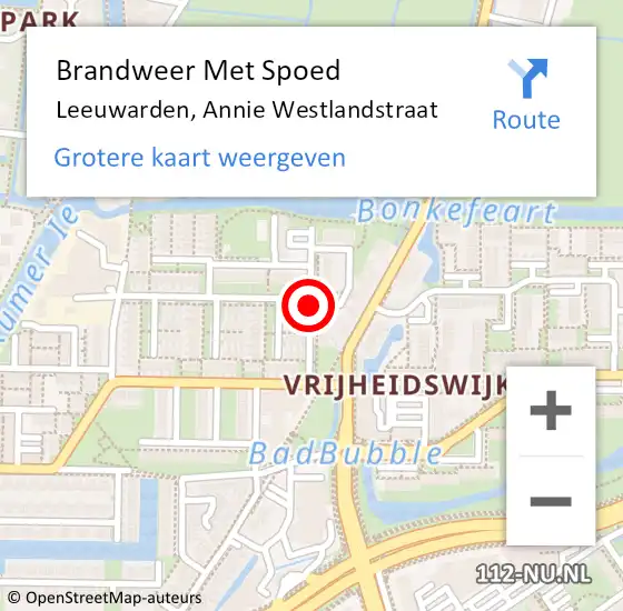 Locatie op kaart van de 112 melding: Brandweer Met Spoed Naar Leeuwarden, Annie Westlandstraat op 16 juli 2018 22:03