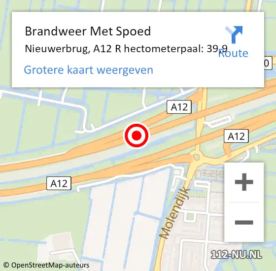 Locatie op kaart van de 112 melding: Brandweer Met Spoed Naar Nieuwerbrug, A12 R hectometerpaal: 39,9 op 16 juli 2018 23:36