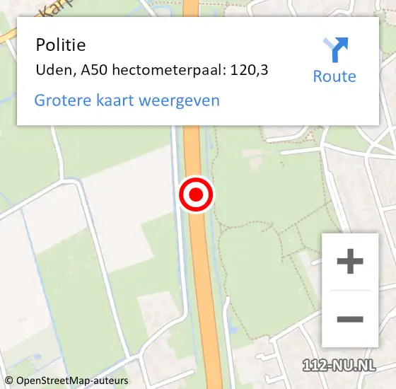 Locatie op kaart van de 112 melding: Politie Uden, A50 Re hectometerpaal: 119,8 op 17 juli 2018 01:03
