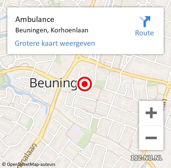Locatie op kaart van de 112 melding: Ambulance Beuningen, Korhoenlaan op 17 juli 2018 08:02