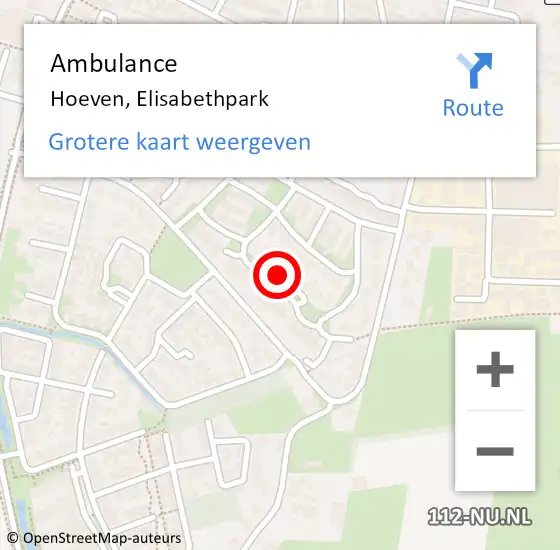 Locatie op kaart van de 112 melding: Ambulance Hoeven, Elisabethpark op 17 juli 2018 13:08