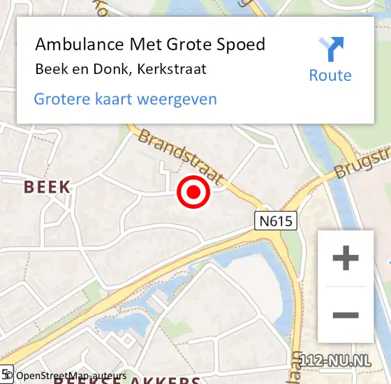 Locatie op kaart van de 112 melding: Ambulance Met Grote Spoed Naar Beek en Donk, Kerkstraat op 17 juli 2018 20:42