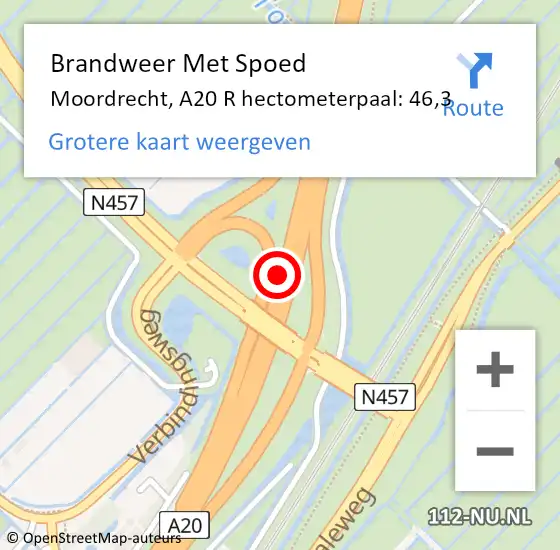 Locatie op kaart van de 112 melding: Brandweer Met Spoed Naar Moordrecht, A20 R hectometerpaal: 47,0 op 17 juli 2018 21:49