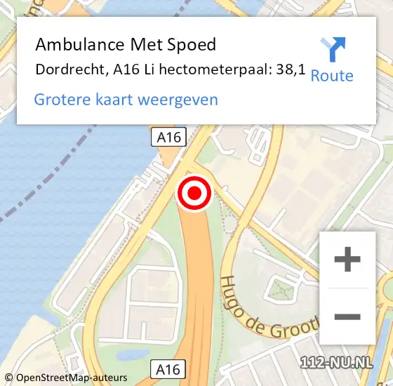 Locatie op kaart van de 112 melding: Ambulance Met Spoed Naar Dordrecht, A16 Li hectometerpaal: 38,1 op 18 juli 2018 01:17