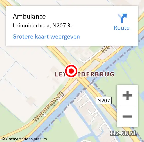 Locatie op kaart van de 112 melding: Ambulance Leimuiderbrug, N207 Re op 18 juli 2018 17:28