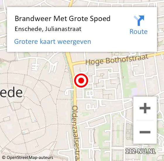 Locatie op kaart van de 112 melding: Brandweer Met Grote Spoed Naar Enschede, Julianastraat op 18 juli 2018 18:26