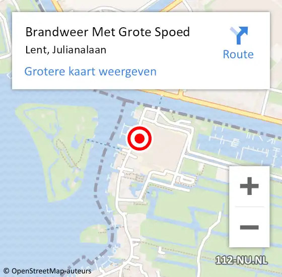 Locatie op kaart van de 112 melding: Brandweer Met Grote Spoed Naar Lent, Julianalaan op 18 juli 2018 21:28