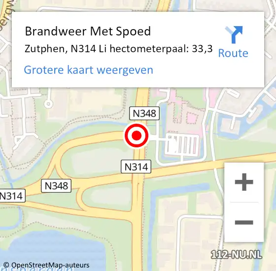 Locatie op kaart van de 112 melding: Brandweer Met Spoed Naar Zutphen, N314 Li hectometerpaal: 33,3 op 19 juli 2018 03:22