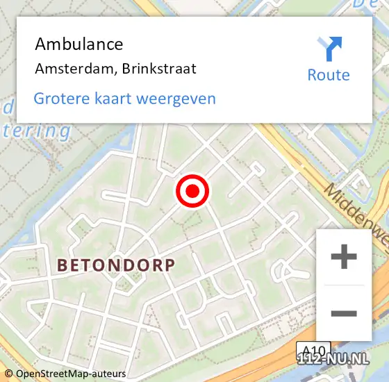 Locatie op kaart van de 112 melding: Ambulance Amsterdam, Brinkstraat op 19 juli 2018 12:19
