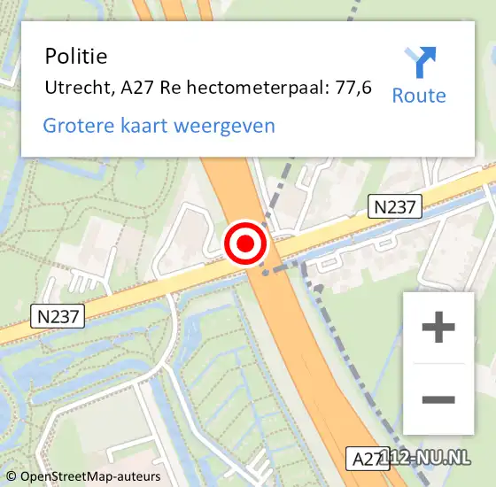 Locatie op kaart van de 112 melding: Politie Utrecht, A27 L hectometerpaal: 71,4 op 19 juli 2018 17:13