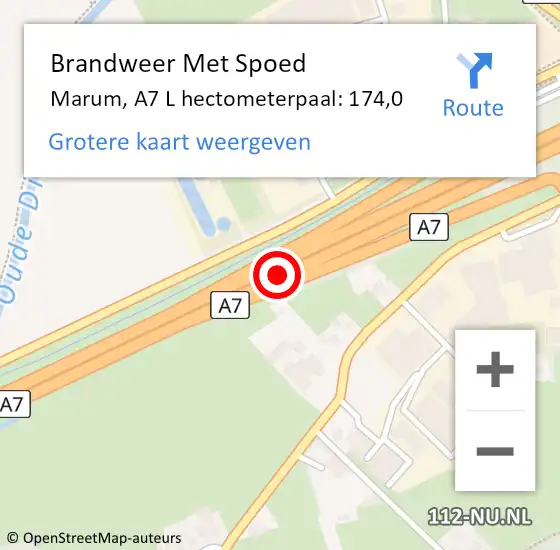 Locatie op kaart van de 112 melding: Brandweer Met Spoed Naar Marum, A7 Li hectometerpaal: 175,0 op 19 juli 2018 18:27