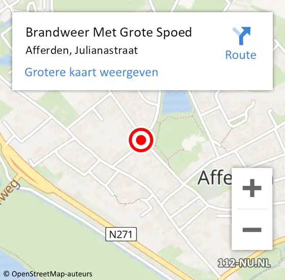 Locatie op kaart van de 112 melding: Brandweer Met Grote Spoed Naar Afferden, Julianastraat op 19 juli 2018 22:55
