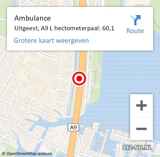 Locatie op kaart van de 112 melding: Ambulance Uitgeest, A9 Re op 20 juli 2018 08:31