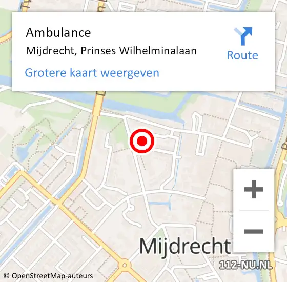 Locatie op kaart van de 112 melding: Ambulance Mijdrecht, Prinses Wilhelminalaan op 20 juli 2018 08:44