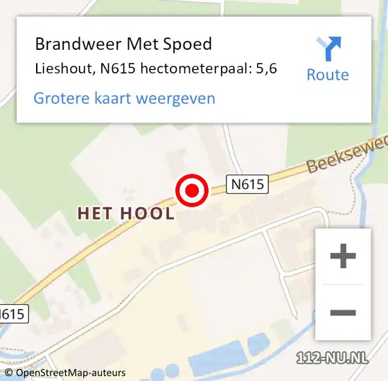 Locatie op kaart van de 112 melding: Brandweer Met Spoed Naar Lieshout, N615 hectometerpaal: 5,6 op 20 juli 2018 15:01