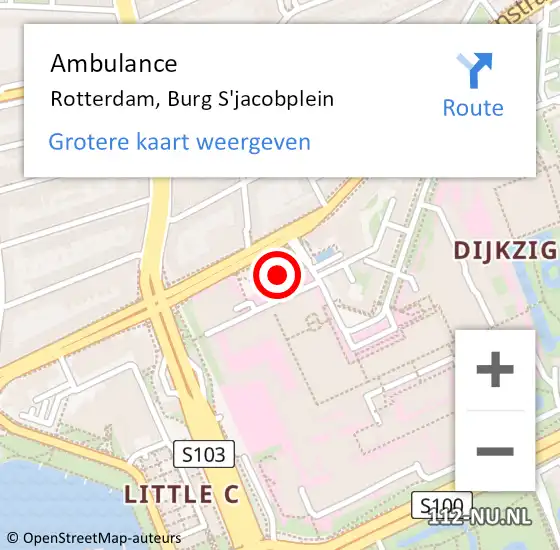 Locatie op kaart van de 112 melding: Ambulance Rotterdam, Burg S'jacobplein op 20 juli 2018 15:01
