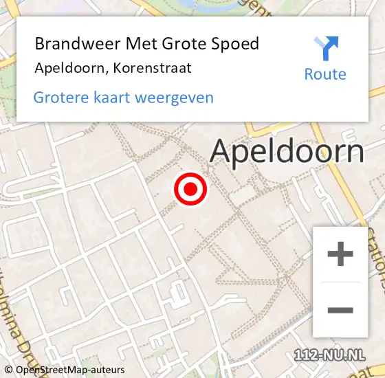 Locatie op kaart van de 112 melding: Brandweer Met Grote Spoed Naar Apeldoorn, Korenstraat op 20 juli 2018 22:49