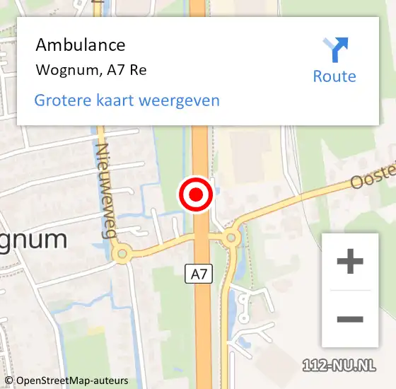 Locatie op kaart van de 112 melding: Ambulance Wognum, A7 Li op 21 juli 2018 08:25