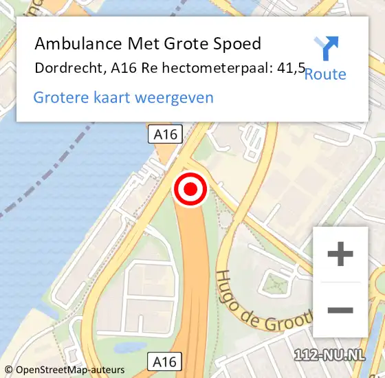 Locatie op kaart van de 112 melding: Ambulance Met Grote Spoed Naar Dordrecht, A16 Re hectometerpaal: 35,6 op 21 juli 2018 13:26