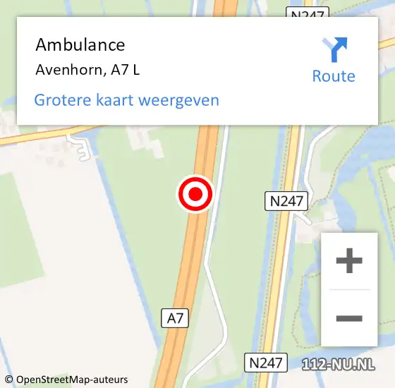 Locatie op kaart van de 112 melding: Ambulance Avenhorn, A7 L op 21 juli 2018 14:59