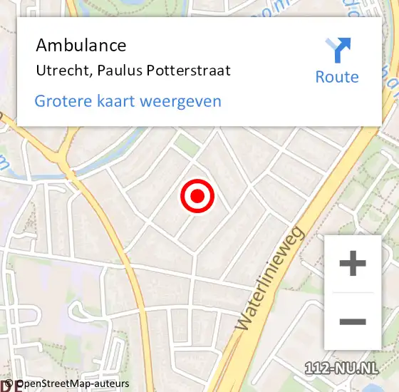 Locatie op kaart van de 112 melding: Ambulance Utrecht, Paulus Potterstraat op 21 juli 2018 18:19