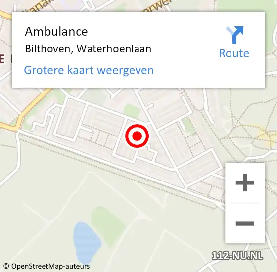 Locatie op kaart van de 112 melding: Ambulance Bilthoven, Waterhoenlaan op 22 juli 2018 11:48