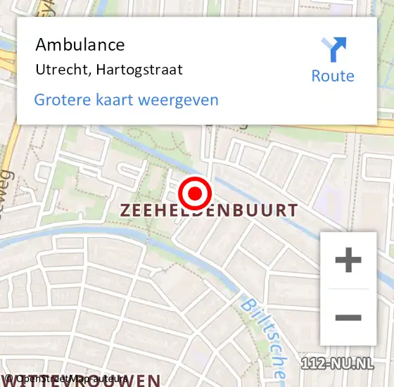Locatie op kaart van de 112 melding: Ambulance Utrecht, Hartogstraat op 22 juli 2018 22:35