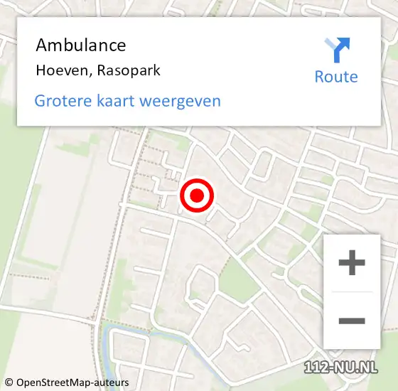Locatie op kaart van de 112 melding: Ambulance Hoeven, Rasopark op 23 juli 2018 11:54