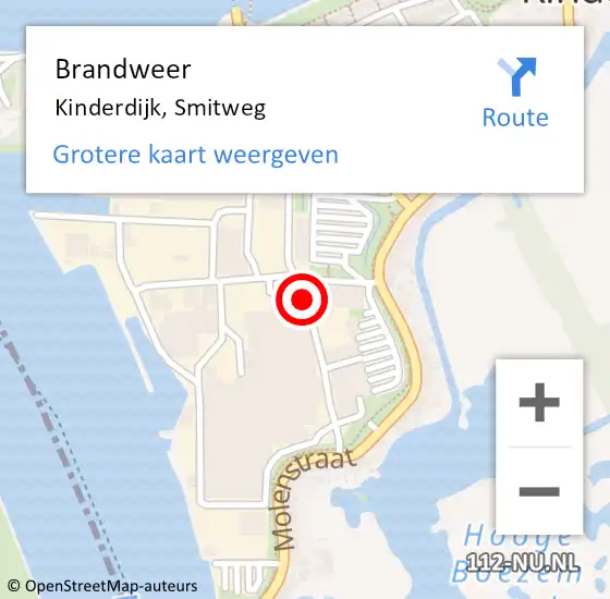 Locatie op kaart van de 112 melding: Brandweer Kinderdijk, Smitweg op 25 juli 2018 15:06