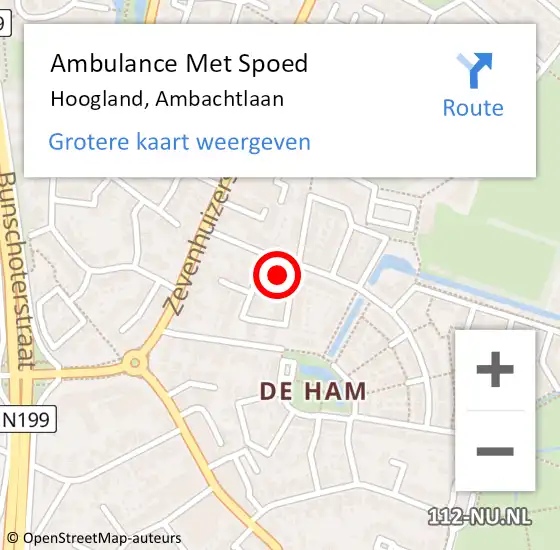 Locatie op kaart van de 112 melding: Ambulance Met Spoed Naar Hoogland, Ambachtlaan op 25 juli 2018 19:00