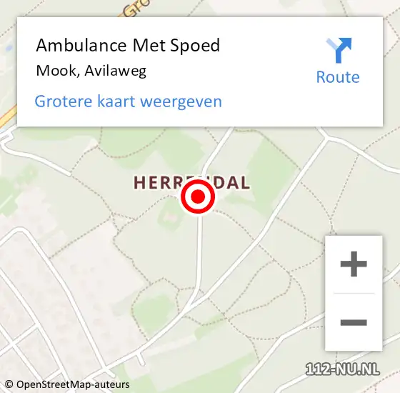 Locatie op kaart van de 112 melding: Ambulance Met Spoed Naar Mook, Avilaweg op 25 juli 2018 21:55