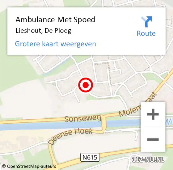 Locatie op kaart van de 112 melding: Ambulance Met Spoed Naar Lieshout, De Ploeg op 25 juli 2018 22:06