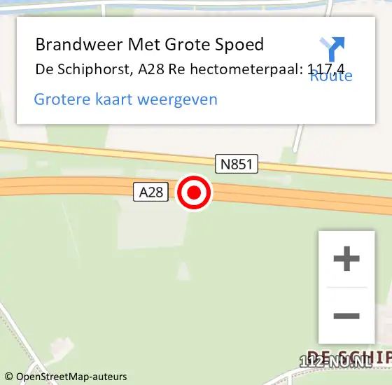 Locatie op kaart van de 112 melding: Brandweer Met Grote Spoed Naar De Schiphorst, A28 Re hectometerpaal: 117,4 op 26 juli 2018 07:45