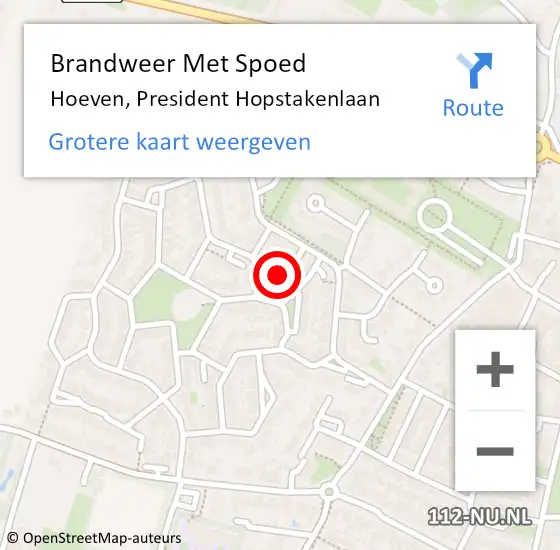 Locatie op kaart van de 112 melding: Brandweer Met Spoed Naar Hoeven, President Hopstakenlaan op 26 juli 2018 20:11