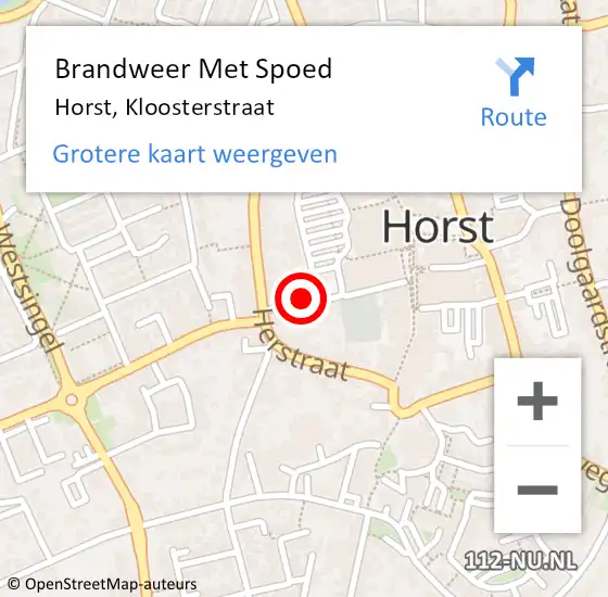 Locatie op kaart van de 112 melding: Brandweer Met Spoed Naar Horst, Kloosterstraat op 26 juli 2018 23:25