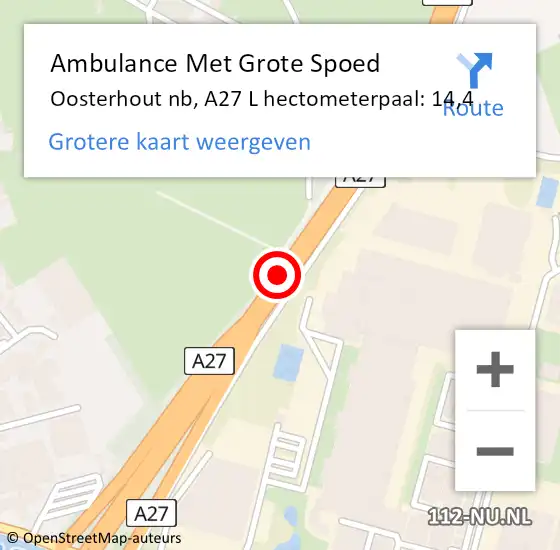 Locatie op kaart van de 112 melding: Ambulance Met Grote Spoed Naar Oosterhout nb, A27 Re hectometerpaal: 15,1 op 27 juli 2018 03:17