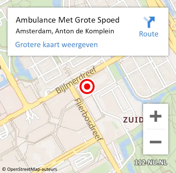 Locatie op kaart van de 112 melding: Ambulance Met Grote Spoed Naar Amsterdam, Anton De Komplein op 27 juli 2018 10:56