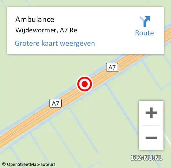 Locatie op kaart van de 112 melding: Ambulance Wijdewormer, A7 Re op 28 juli 2018 03:47
