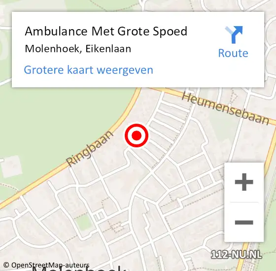 Locatie op kaart van de 112 melding: Ambulance Met Grote Spoed Naar Molenhoek, Eikenlaan op 28 juli 2018 05:35