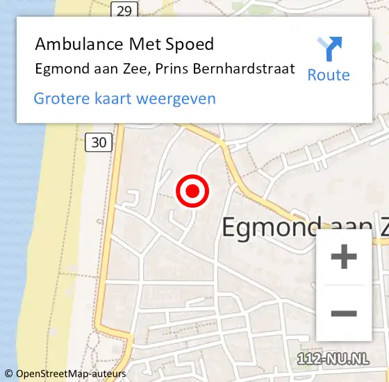 Locatie op kaart van de 112 melding: Ambulance Met Spoed Naar Egmond aan Zee, Prins Bernhardstraat op 28 juli 2018 08:36