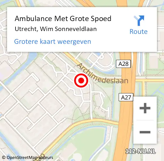 Locatie op kaart van de 112 melding: Ambulance Met Grote Spoed Naar Utrecht, Wim Sonneveldlaan op 28 juli 2018 11:16