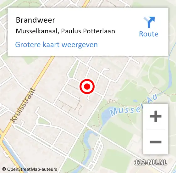 Locatie op kaart van de 112 melding: Brandweer Musselkanaal, Paulus Potterlaan op 28 juli 2018 11:58