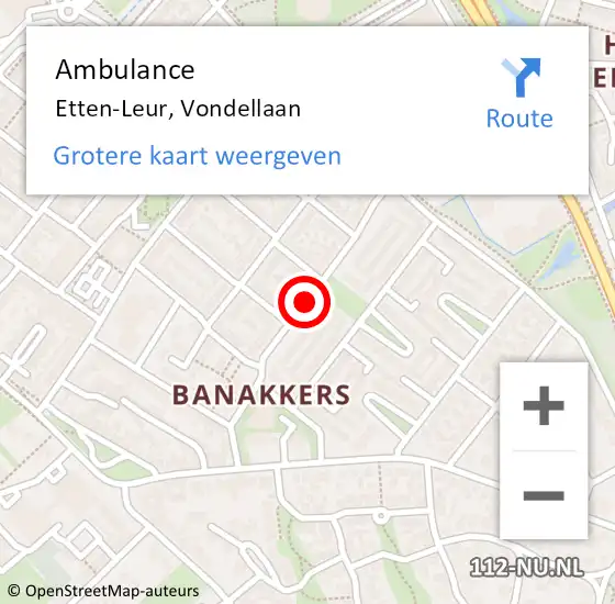 Locatie op kaart van de 112 melding: Ambulance Etten-Leur, Vondellaan op 28 juli 2018 20:07